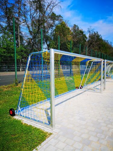 gelb-blau besprühtes Tor im Bruno-Plache Stadion 1. FC Lokomotive Leipzig e.V.