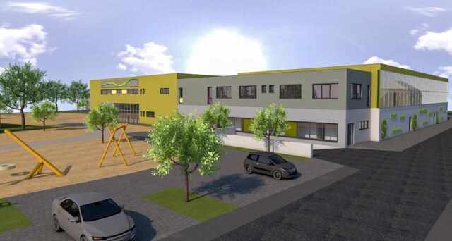 Visualisierung des geplanten Neubaus „Kinder- und Jugendsportzentrum Langenfeld”